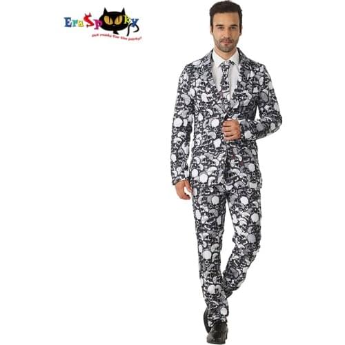 Eraspooky Black Skull Halloween Costume For Adult Mens Suit Skeleton Print Funny Cosplay Gentleman Blazer Outfit Carnival Party