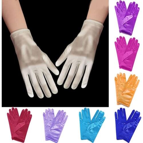 Stretch Beaded Satin Gloves Costume Prom Party Solid Color Gloves Wedding Bridal Short Smooth Satin Pearl Full Finger Mittens