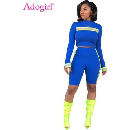 Adogirl Reflective Stripe Women Two Piece Set Tracksuit Long Sleeve Crop Top + Shorts Night Version Casual Suit Sportswear