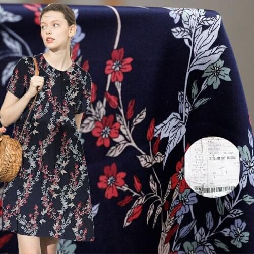 Red Raspberry Korean NavyBlue Flower Printed Satin Chiffon Fabrics Materials Autumn Women Dress Sewing Cloth Tailor Freeshipping