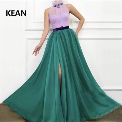 Muslim Evening Dress High neck Crystal Beads Slit Islamic Dubai Kaftan Saudi Arabic Evening Gown Prom Dress vestidos