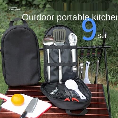 New nine-piece outdoor cookware set camping barbecue stainless steel cutting board picnic bag tableware simple kitchen utensils