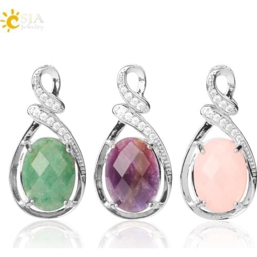CSJA Semi Precious Natural Gem Stone Necklace Reiki Egg Pendant CZ Rose Crystal Quartz Tiger Eye Green Aventurine Obsidian G706