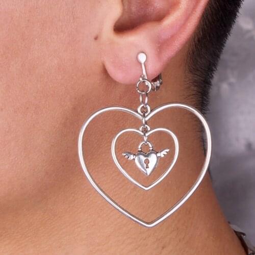 New 2021 Heart In Heart Clip On Earrings For Women Vintage Gothic Wing Lock Without Piercing Earings Brincos Jewelry Gifts di267