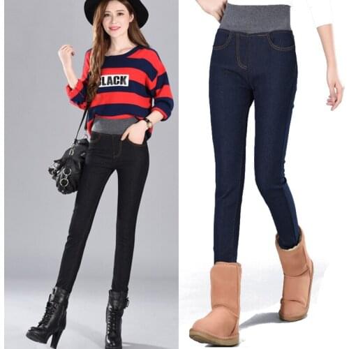 2021 winter new womens warm fleece jeans pants retro blue gray padded collar denim school pants
