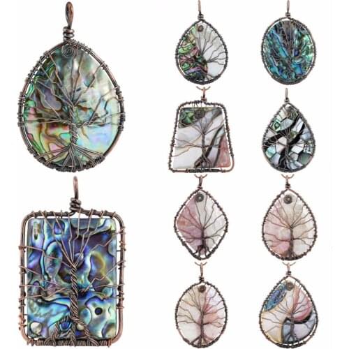 SUNYIK Abalone Shell Twine Tree of Life Pendant For Necklace,Healing Chakra,Copper Wire Wrapped Reiki Symbol Jewelry