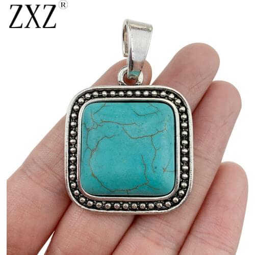 ZXZ 2pcs Tibetan Silver Large Square Shape Faux Turquoise Stone Charms Pendants for Necklace Jewelry Making Accessories 35x35mm