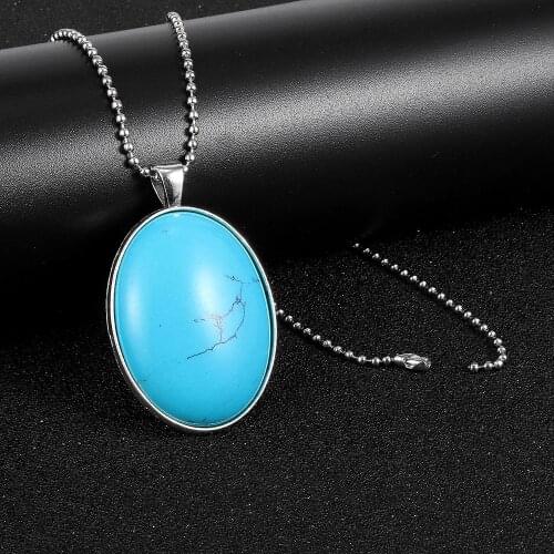 Natural Stone Pendants Tiger Eye Pink Quartz Purple Crystal Lapis Necklace 4*3cm Big Oval Flat Bead Women Healing Jewelry