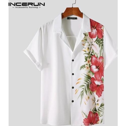 INCERUN Summer Men Casual Shirt Flower Printed Turn Down Collar Short Sleeve Button Camisas 2021 Streetwear Leisure Men Clothing