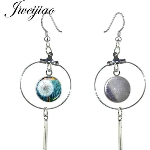 JWEIJIAO Art Picture Dandelion Botany Round Pendant Hollow Drop Earrings Fashion Accessories Women Girl Dangle Earrings DA10