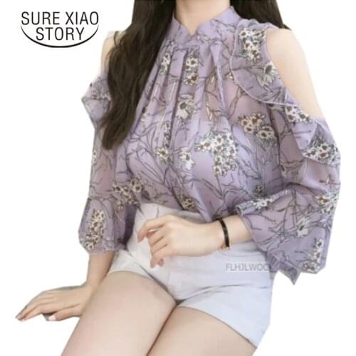 Chiffon Blouse Shirts Women Korean Fashion Tops Purple Black Chiffon Floral Printed Sexy Open Off Shoulder Tops Blouse 14301