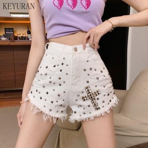 New Women Hole Rivet Denim Shorts High Waist Fashion Cowboy Shorts Street Punk Style Burr Skinny Female Tassel Jeans Short Pants
