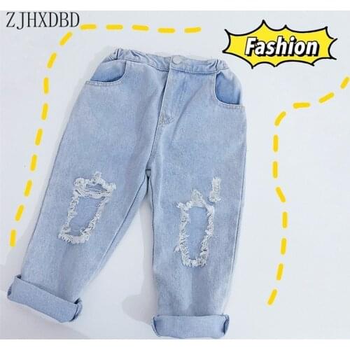 2019 New Blue Solid Jeans Autumn Boys and Girls Ripped Hole Jean Fashion Fall Broken Denim Trousers Kids Jeans Children Clothing