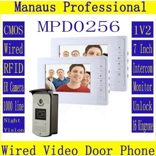 Smarthome 7" Color Video Intercom Door Phone System With 2 White Monitor 1 RFID Card Reader HD IP44 Doorbell 1000TVL Camera D256