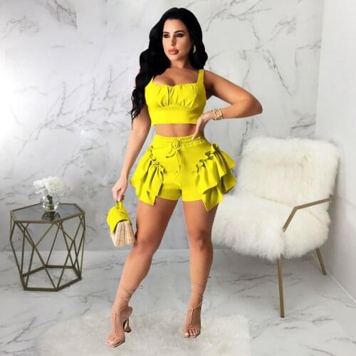 Tracksuit 2 Piece Club Outfits Sexy Ruffles Shorts and Crop Top Women Summer Matching Suits
