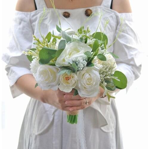 Wedding Bouquet Props Vintage Artificial Rose Bride Holding Flowers with Romantic Lace Ribbon