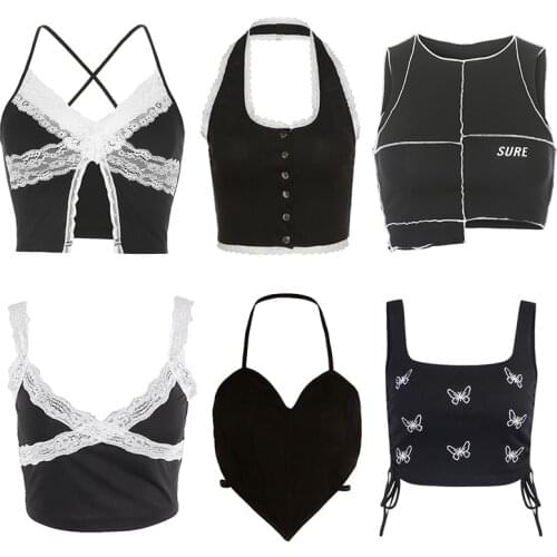 Black Crop Top Patchwork Lace Spaghetti Strap Corset Top Sleeveless 2000s Cami Top Y2k Aesthetic Sexy Camisole Summer 2021