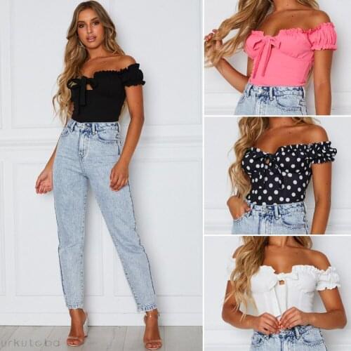Hot Sale 2020 Summer Solid Color/Polka Dot vintage new women shirts puff sleeve Off Shoulder Front Bandage sexy Slim Blouses