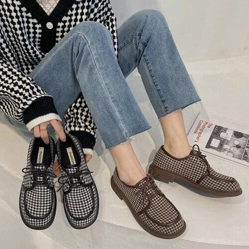 Women England Style Leather Patchwork Shoes Flat Heel Round Toe Lace Student 2021 Spring New Oxford Flats