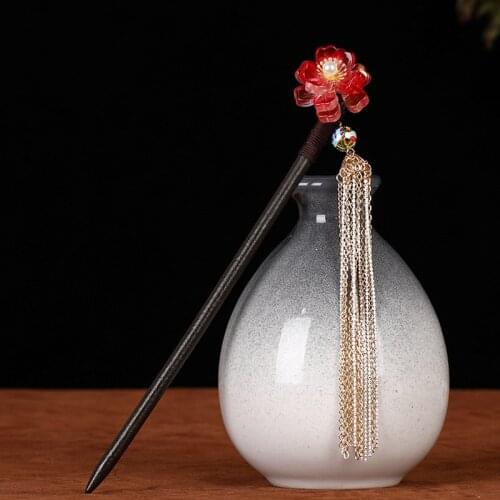 Han Chinese Clothing Antique Style Woman Tassels Step Shake Red Crystal Flower Ancient Wedding Hairpin Bridal Headdress