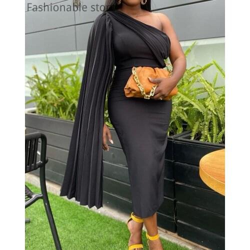 Women One Shoulder Solid Color Cloak Sleeve Ruched Midi Dress Oversize Party Dress