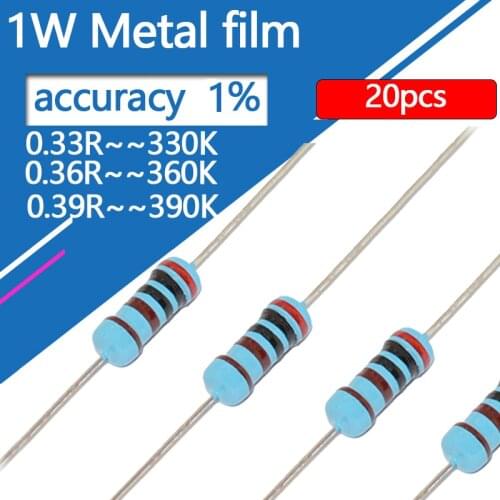 1W Metal film resistor five-color ring 0.33 0.36 0.36 3.3 3.6 3.9 33 36 39 330 360 390 R K ohm Kohm resistance 20pcs