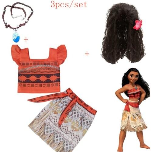 2021 Kids Princess Vaiana Moana Costume Dresses with Necklace Wig Girls Halloween Christmas Party Moana Dress Costumes Cosplay