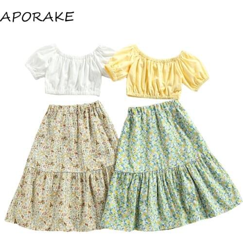 2021 2-7Y Boho Kids Baby Girl Clothing Summer Solid Color Puff Short Sleeve Tops+Flower Print Long Pleated Skirt Holiday 2pcs