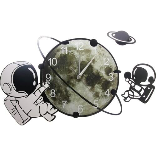 Astronaut On The Moon Cartoon Spaceman Wall Clock Silent Non Ticking Outer Space Wall Art Cosmonaut Kids Room Decorative Clock