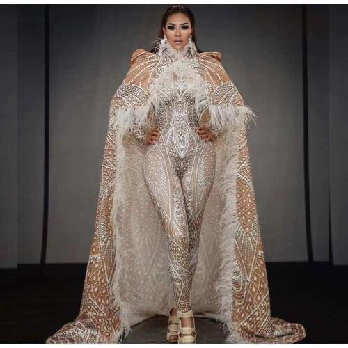 White Pattern Party Jumpsuit Feather Long Cloak Women Men Evening Snow Queen Singer Dancer Stage Clothes Performance Outfit Sets