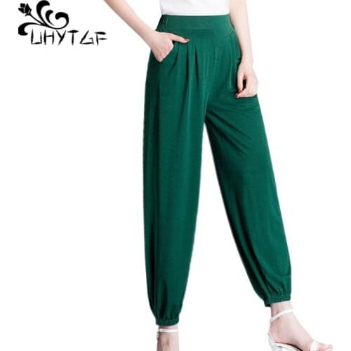 UHYTGF Sweatpants women fashion elastic high-rise Summer pants female Square dance elegant mom soft thin pants for women 4XL 941