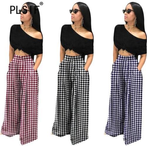 High Fashion Plaid Print Pocket Trouser Summer Streetwear Women Sexy Wide Leg Pant Loose Trousers