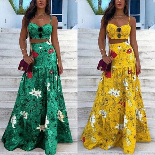 Floral Print Summer Dresses For Women 2020 Two Piece Skirt Set Spaghetti Strap Crop Top And Maxi Long Skirt Party 2 Piece Sets