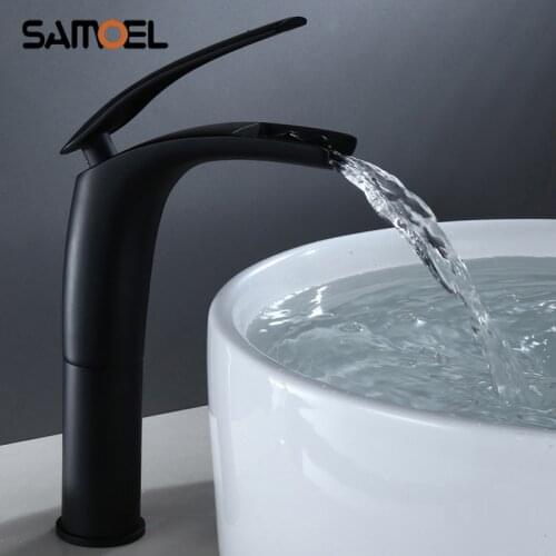 Hot Selling Deck Mounted Brass Black Waterfall Bathroom Basin Faucet Mixers Taps Single Handle Basin Water Crane B3331