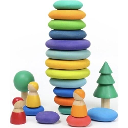 Pebble Shape Solid Wood Jengle Building Blocks Childrens Room Decorations Creative Rainbow Stone Wooden Toys Home decoration