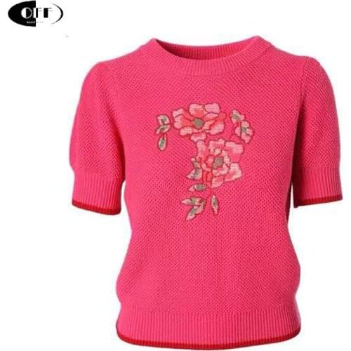 Summer Women Fashion Chic Pullover Knitted Sweaters Elegant Flower Embroidery Short Sleeve Casual Traf Basic Lady Tops Blouses