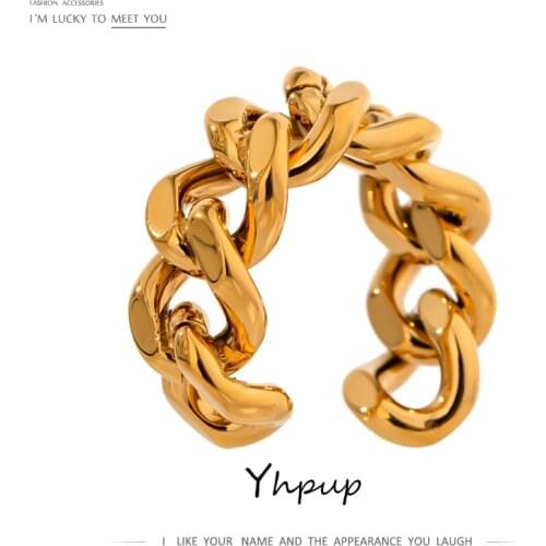 Yhpup Trendy Chain Opening Ring Stainless Steel Jewelry Statement Gold Metal Texture High Quality Finger Ring Anillos Mujer New