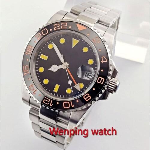 40mm Bliger Black Sterile Dial GMT Automatic Montre bracelet Steel Case Luminous Mens Casual Wristwatch W2680