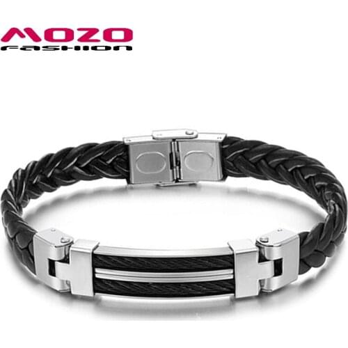 MOZO FASHION Men Bracelet Black Braided PU Leather Rope Bracelets Stainless Steel Wire Rope Bracelets Male Jewelry Gifts MP524