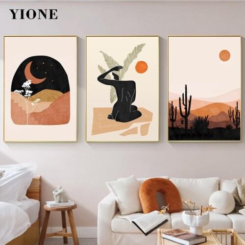 Orange Landscape Minimalist Painting Day and Night Mountain Nature Women Abstract Art Print Canvas Poster Living Room Home Decor