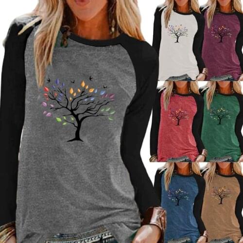Autumn Womens Fashion Printed Tops Comfortable Sweatshirt Casual Round Neck Raglan Sleeves Long-sleeved T-shirts Loose Tops