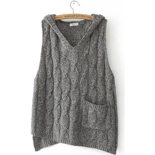 Autumn Sweater Loose Hooded Knitted Vest Twist Solid Color Pullover Sleeveless Pocket Design Winter Womens Oversize Sweater