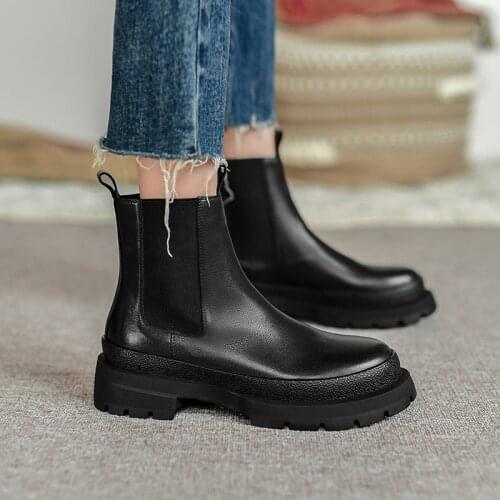 Women Shoes Round Toe Platform Boots Genuine Leather Ankle Boots for Women Motorcycle Boots Girls Boots womens platform heels