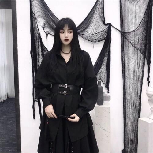 New Female Harajuku Punk Black Loose Temperament Blouses Autumn Fashion Sexy Club Women Long Sleeve Shirt Streetwear