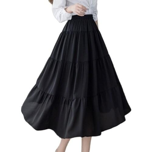 Black Elastic High Waist Woman Skirts Womens 2021 Summer Casual White Korean Style Fashion A-line Cake Midi Skirt Women Clothing