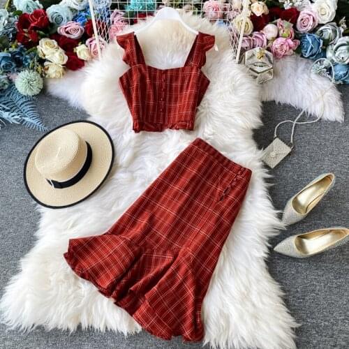 2021 Womens Vacation Plaid Suit Summer New Small Camisole Short Top + High Waist Fishtail Skirt Plaid Skirt Two-piece Set
