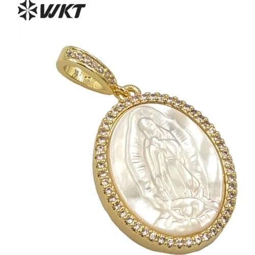 WT-MP107 Micro Pave White Shell Pendant Dainty Virgin Mary Medallion Oval Shape Religious Style Jewelry Gift For Women