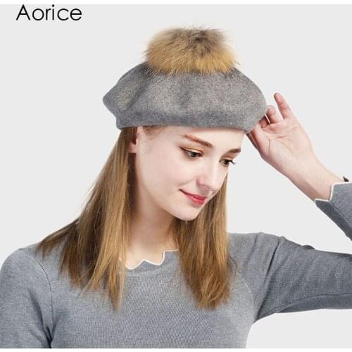 Aorice Winter Solid Knited Beanies French Artist Cap With Fur Ball Detachable Women Girl Men Caps Pompom Female Brand Hats HK706