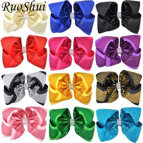 12PCS/LOT 8Inch Multi-color Rhinestone Sequin Girls Hair Bow Alligator Clips Grosgrain Ribbon Headwear Hair Accessories