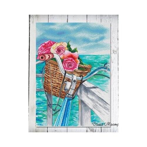 28.-flower bike by the sea Counted Cross Stitch 11CT 14CT 18CT DIY Cross Stitch Kits Embroidery Needlework Sets